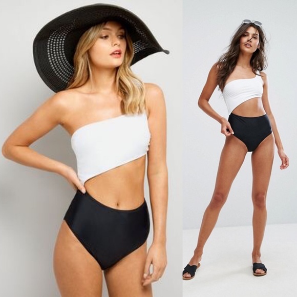 black and white one shoulder swimsuit